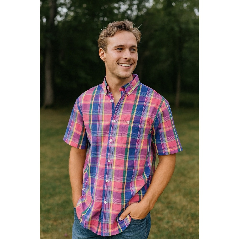 Chaps Shirt Men M Plaid Easy Care Short Sleeve Button Down Classic Preppy Casual
